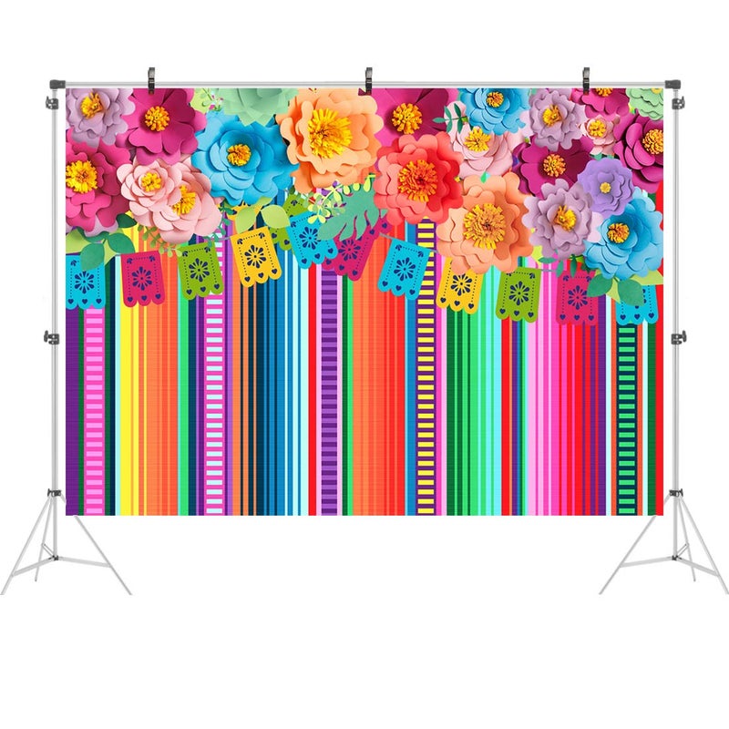 Ticuenicoa 7x5ft Mexican Fiesta Backdrop Photobooth Flowers Fiesta Background Drop Cinco De Mayo Backdrop for Pictures Floral Stripes Flags Birthday Party Mexican Party Decoration Photo Booth Props - Image 2